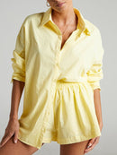 Casual Womem Yellow Lounge Wear Summer Tracksuit Shorts Set Long Sleeve Shirt Tops And Mini Shorts Suit 2021 New Two Piece Set