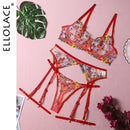 Ellolace Lingerie Sensual Lace Underwear Transparent Embroidery 3-Piece Garters Fancy Beautiful Short Skin Care Kits Intimate
