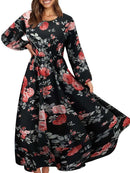 Women Elegant Floral Printed Long Dresses Spring Summer Casual O Neck Long Sleeve Ladies Chic High Waist A Line Beach Dresses