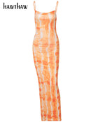 Hawthaw Women Summer Party Sleeveless Slim Printed Bodycon Beach Long Dress 2021 Female Clothing Streetwear Wholesale Items