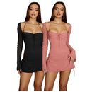 XLLAIS Wholesale Items Women Flare Long Sleeve Pink Dress Fashion Square Collar Bandage Robes Sexy Cut Out Party Club Vestidos