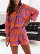 Print Shorts Suits Woman Vintage Long Sleeve Shirt And Short Pants Suit Two Piece Set Female Casual Outfit