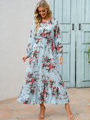 Women Elegant Floral Printed Long Dresses Spring Summer Casual O Neck Long Sleeve Ladies Chic High Waist A Line Beach Dresses