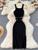 SINGREINY Summer Knit Sexy Strap Dress Women Hollow Out Elatic Waist Bodycon Sundress Female Beach Split Backless Long Dress