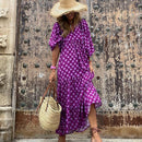Summer Puff Sleeve Long Dress Women Geometric Print Splicing Half Sleeve Dress Elegant V-Neck Loose Holiday Beach Dress Vestidos