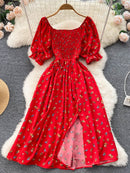 YuooMuoo Limited Big Sale Women Dress Fashion Romantic Floral Print Split Long Summer Dress Puff Sleeve Party Korean Vestidos