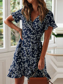 Women Dresses Summer 2022 Sexy V Neck Floral Print Boho Beach Dress Ruffle Short Sleeve A Line Mini Dress Wrap Sundress Robe