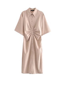 TRAF Women Chic Fashion Button-up Draped Midi Shirt Dress Vintage Short Sleeve Side Zipper Female Dresses Vestidos