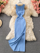 ALPHALMODA 2021 Summer Hollow Out Twisted Back Sleeveless High Slit Sexy Women Knitted Dress Solid Color Feminine Mid-calf Dress