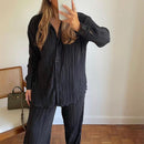 Ladies Shirt Suits Pleated Notched Single-Breasted Female Cardigan Two-Piece Loose Shirts and High-Waist Wide-Leg Pants Sets