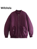 Willshela Women Fashion Oversized Bomber Jackets Coat With Pockets Front Zipper Vintage O-Neck Long Sleeves Female Chic Outwears