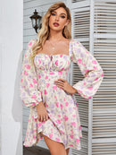 NewAsia Floral Dress Women Lantern Long Sleeve Ruched Print A Line Square Neck Tie up Mini Vestidos Sexy Chic Summer Beach Dress