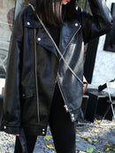 Sungtin Korean Faux Leather Jacket Women Belt Oversize BF Style Punk PU Women&