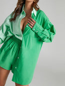 Casual Womem Yellow Lounge Wear Summer Tracksuit Shorts Set Long Sleeve Shirt Tops And Mini Shorts Suit 2021 New Two Piece Set