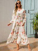 Women Elegant Floral Printed Long Dresses Spring Summer Casual O Neck Long Sleeve Ladies Chic High Waist A Line Beach Dresses
