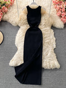 ALPHALMODA 2021 Summer Hollow Out Twisted Back Sleeveless High Slit Sexy Women Knitted Dress Solid Color Feminine Mid-calf Dress