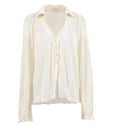 Ladies Shirt Suits Pleated Notched Single-Breasted Female Cardigan Two-Piece Loose Shirts and High-Waist Wide-Leg Pants Sets