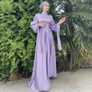Muslim Fashion Women Islamic Satin Dress Hijab Arabic Pleated Abaya Dubai Balloon Sleeve with Ribbon Eid Mubarak Turkish Dresses