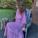 Summer Puff Sleeve Long Dress Women Geometric Print Splicing Half Sleeve Dress Elegant V-Neck Loose Holiday Beach Dress Vestidos