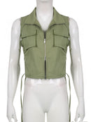 Sweetown Pockets Cargo Jacket Vest Female Stitching Shirring Drawstring Y2K Waistcoat Zip Up Casual Streetwear Corset Tanks