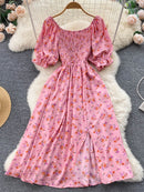 YuooMuoo Limited Big Sale Women Dress Fashion Romantic Floral Print Split Long Summer Dress Puff Sleeve Party Korean Vestidos