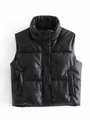 TRAF Women 2021 Fashion Leather Cotton Pocket Padded Waistcoat Vintage Sleeveless Female Outerwear Streetwear