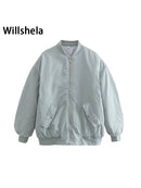 Willshela Women Fashion Oversized Bomber Jackets Coat With Pockets Front Zipper Vintage O-Neck Long Sleeves Female Chic Outwears