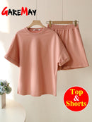 Green Suit Shorts with T-shirt for Women and Top Loose Oversize 100% Cotton Summer Two Piece Set Women Classic Tracksuit Casual