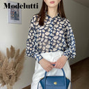 Modelutti Autumn Blouse Women England Style Cozy Fashion Elegant Leaf Printing Loose Silk Loose Blusas Mujer De Moda Shirt Tops