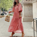 Summer Puff Sleeve Long Dress Women Geometric Print Splicing Half Sleeve Dress Elegant V-Neck Loose Holiday Beach Dress Vestidos