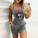 Sexy Straps Dress Women Summer Fashion Letter Print Pocket O Neck Sleeveless Party Dress Casual Slim Backless Ladies Mini Dress