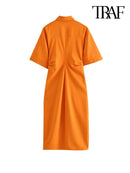 TRAF Women Chic Fashion Button-up Draped Midi Shirt Dress Vintage Short Sleeve Side Zipper Female Dresses Vestidos