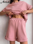 Summer Cotton Tracksuit Women Spring Loose Two Piece Sets Casual Long Sleeve Sweatshirt & Elastic Waist Shorts Female Outfits