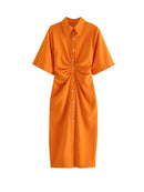 TRAF Women Chic Fashion Button-up Draped Midi Shirt Dress Vintage Short Sleeve Side Zipper Female Dresses Vestidos