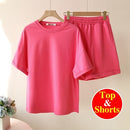 Summer Cotton Tracksuit Women Spring Loose Two Piece Sets Casual Long Sleeve Sweatshirt & Elastic Waist Shorts Female Outfits