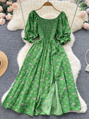 YuooMuoo Limited Big Sale Women Dress Fashion Romantic Floral Print Split Long Summer Dress Puff Sleeve Party Korean Vestidos