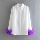 Green Feathers on the Cuffs Womens Blouses Long Sleeves Women&