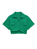 TRAF Women Fashion Front Knot Elastic Linen Cropped Shirts Vintage Short Sleeve Patch Pockets Female Blouses Blusa Chic Tops