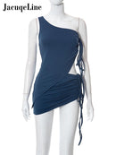 Jacqueline 2022 Drawstring Dress Summer Sets Womens Outfits Sexy One Shoulder Crop Top and Mini Skirts Sets Co-Ord Club Party