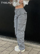 Vintage Cargo Pants Baggy Jeans Women Fashion 90s Streetwear Pockets Wide Leg High Waist Straight Y2k Denim Trousers Overalls