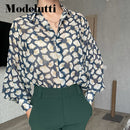Modelutti Autumn Blouse Women England Style Cozy Fashion Elegant Leaf Printing Loose Silk Loose Blusas Mujer De Moda Shirt Tops