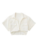 TRAF Women Fashion Front Knot Elastic Linen Cropped Shirts Vintage Short Sleeve Patch Pockets Female Blouses Blusa Chic Tops
