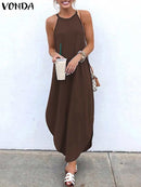 Printed Maxi Dresses VONDA Bohemian Sexy Sleeveless Sundress Women Causal Halter Summer Beach Dress Asymmetric Long Dresses