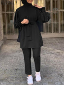 Women Autumn Blouses ZANZEA Fashion Muslim Sets Long Sleeve Turkish Blouses Pants Abaya Solid Islamic Clothing 2PCS Oversized