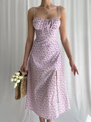 Chicology 2022 Summer Women Dress Small Floral Side Slit Sexy Sling French Slim Light Breathable Sleeveless Festival Dresses