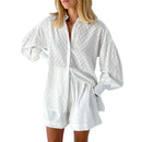 Cotton and Linen suit 2021 Women Solid Clothes Set Half Sleeve Lapel Neck Button-up Shirt+Irregular Hem Drawstring Shorts Sets