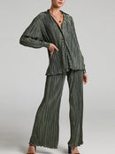 Ladies Shirt Suits Pleated Notched Single-Breasted Female Cardigan Two-Piece Loose Shirts and High-Waist Wide-Leg Pants Sets