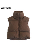 Willshela Women Fashion High Neck Cropped Waistcoat Puff Vest Casual Woman Sleeveless Jacket Chic Lady Winter Warm Outfits