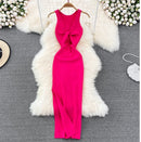 OCEANLOVE Korean Knitted Robe Femme Summer V Neck Sleeveless Kink Hollow Out Sexy Slim Bodycon Dress Split Fork Long Vestidos