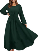 Women Elegant Floral Printed Long Dresses Spring Summer Casual O Neck Long Sleeve Ladies Chic High Waist A Line Beach Dresses